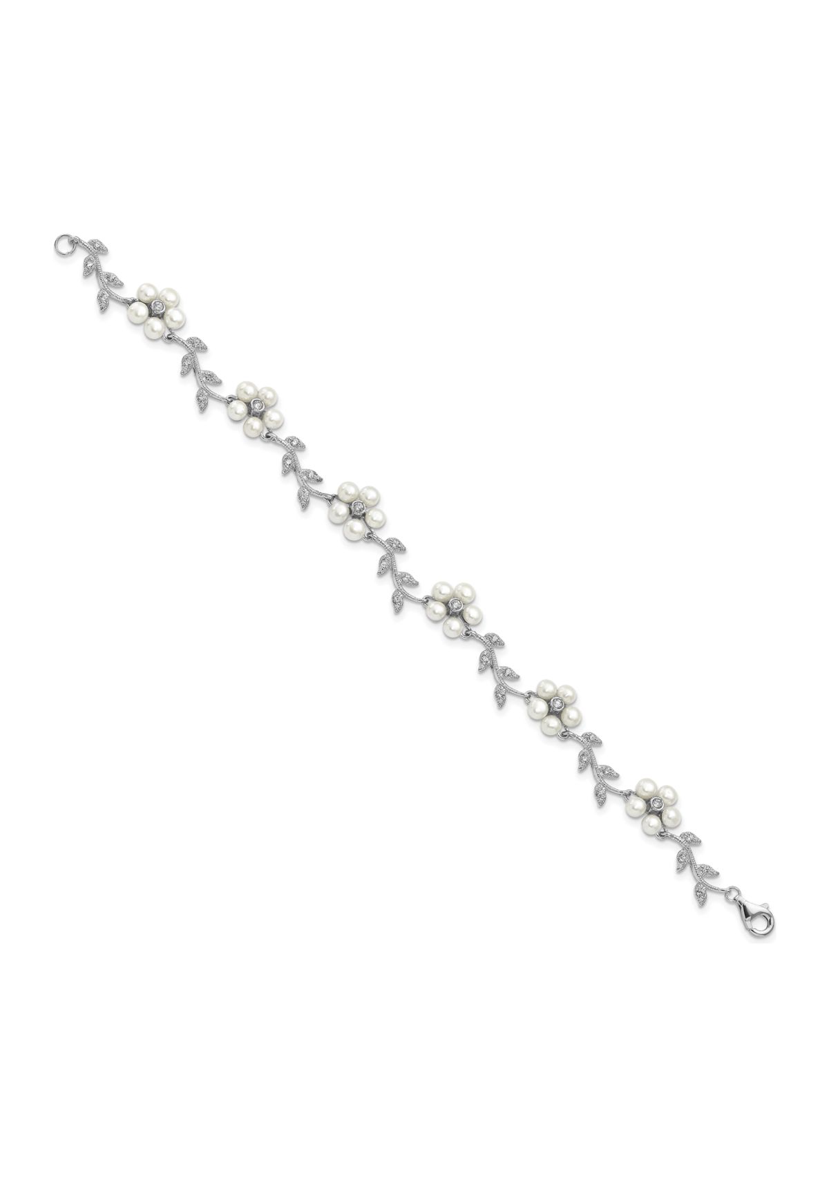 Sterling Silver Rhodium Freshwater Cultured Pearl and Cubic Zirconia Floral Bracelet