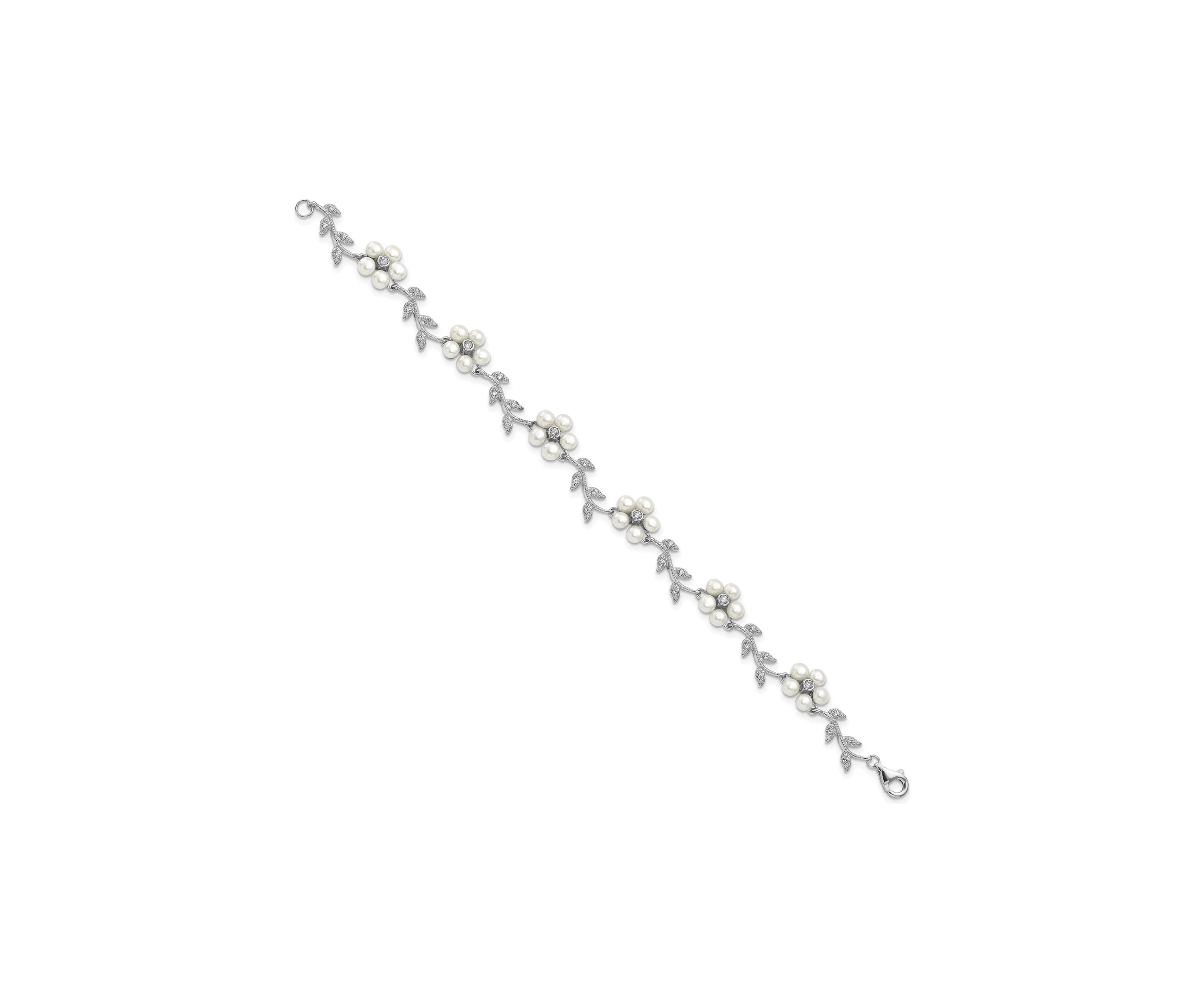 Sterling Silver Rhodium Freshwater Cultured Pearl and Cubic Zirconia Floral Bracelet