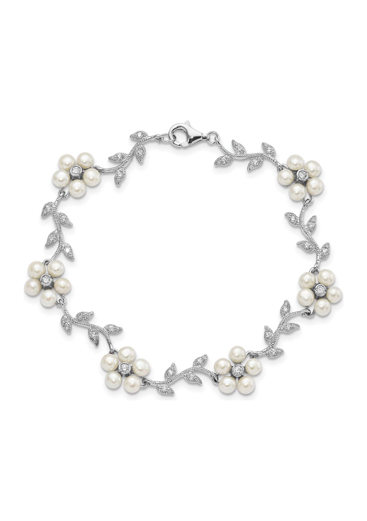 Sterling Silver Rhodium Freshwater Cultured Pearl and Cubic Zirconia Floral Bracelet