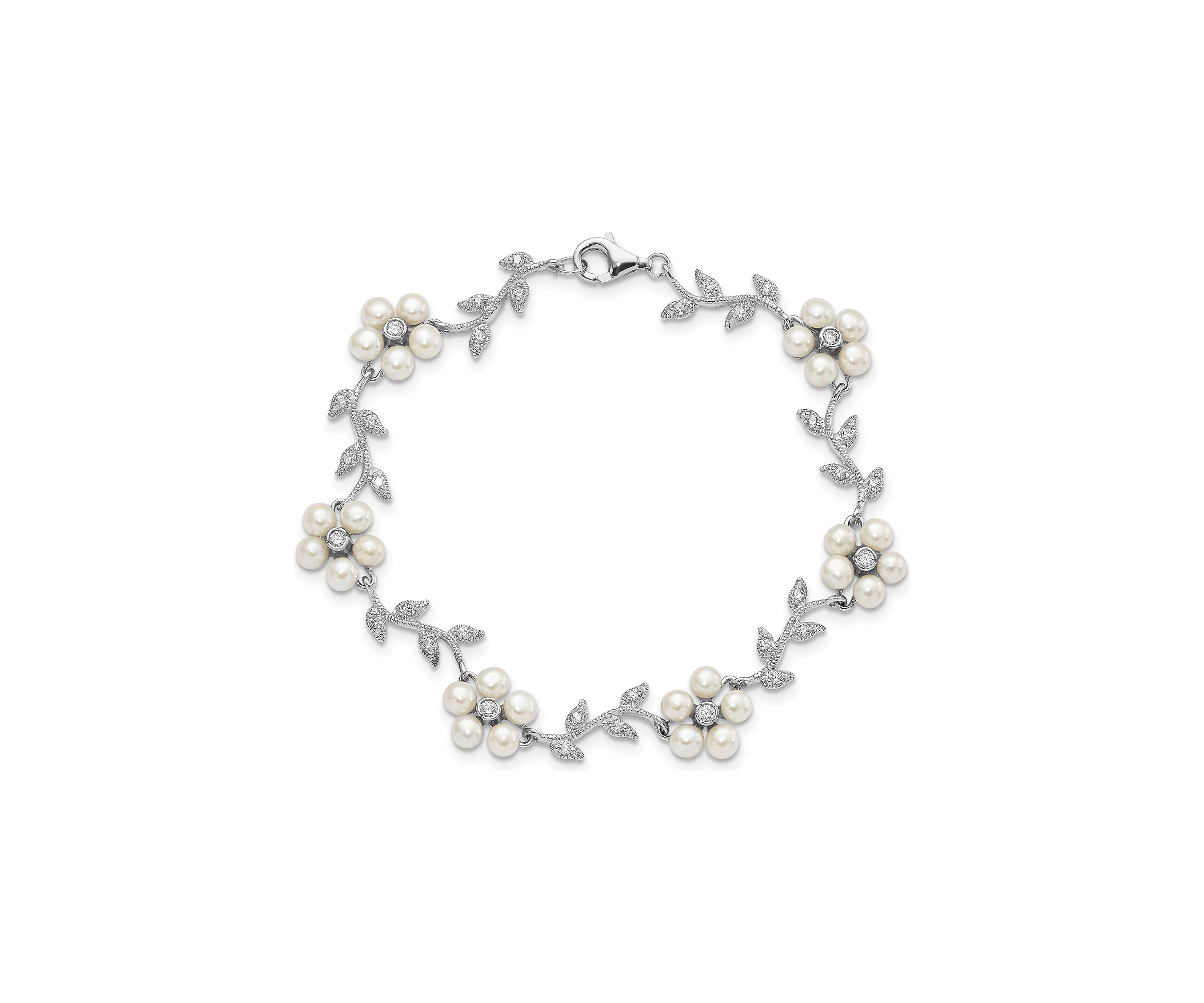Sterling Silver Rhodium Freshwater Cultured Pearl and Cubic Zirconia Floral Bracelet