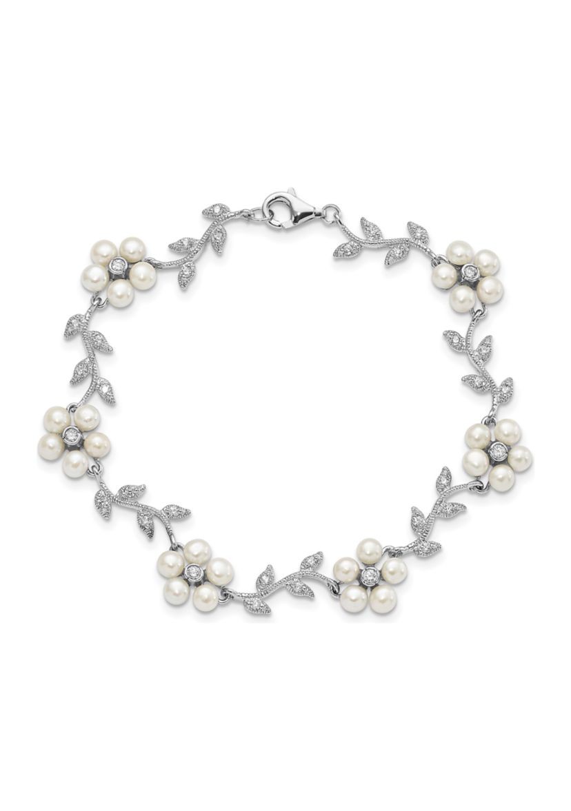 Sterling Silver Rhodium Freshwater Cultured Pearl and Cubic Zirconia Floral Bracelet