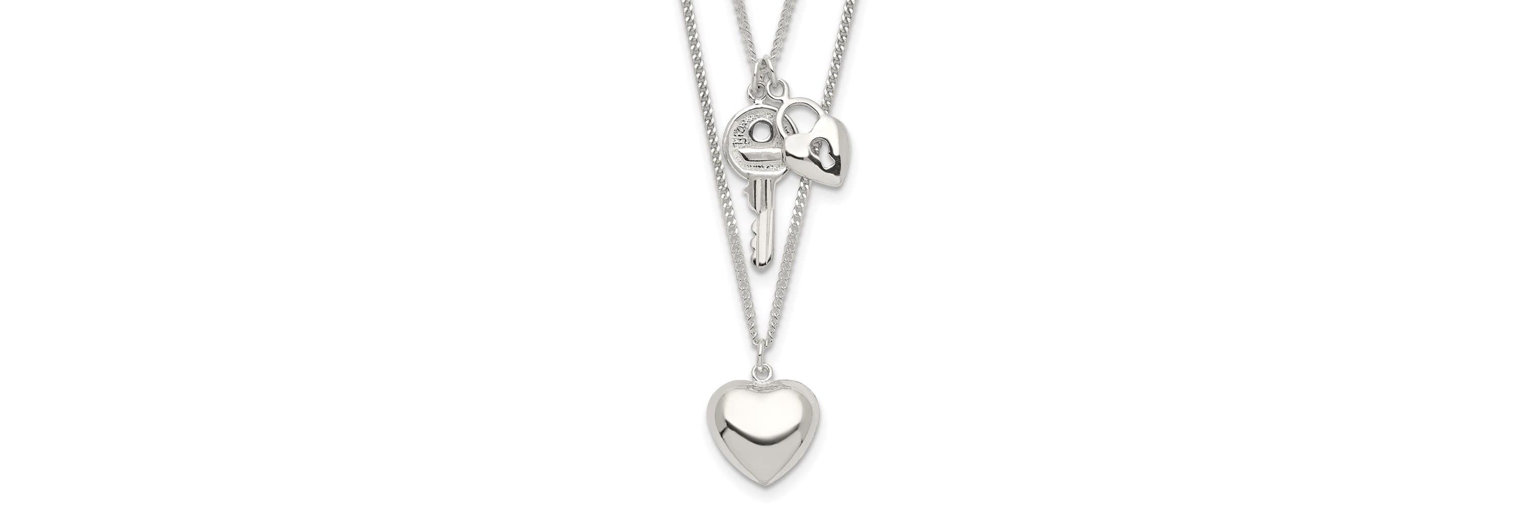 Sterling Silver 2-Strand Heart and Key Necklace