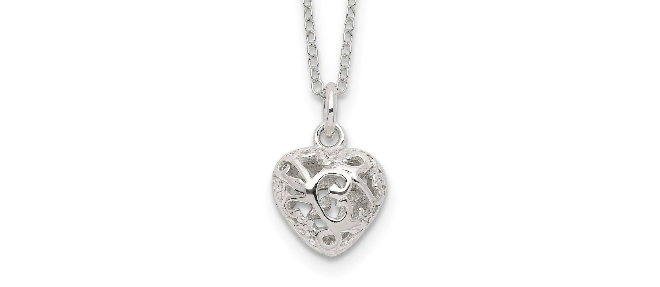 Sterling Silver Polished Puffed Filigree Heart 18-inch Necklace