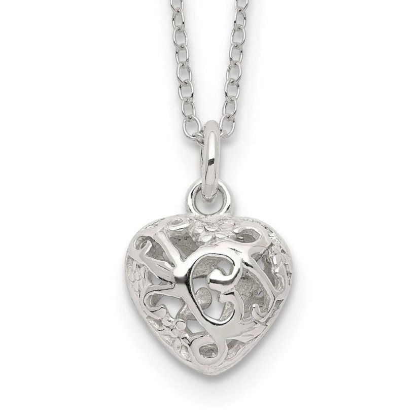 Sterling Silver Polished Puffed Filigree Heart 18-inch Necklace