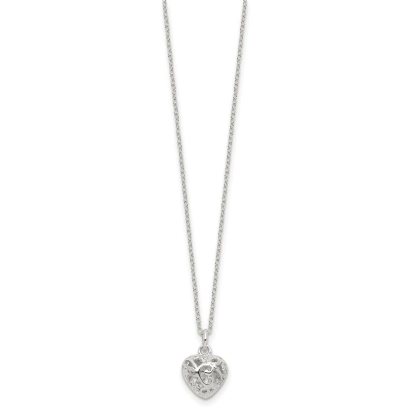 Sterling Silver Polished Puffed Filigree Heart 18-inch Necklace
