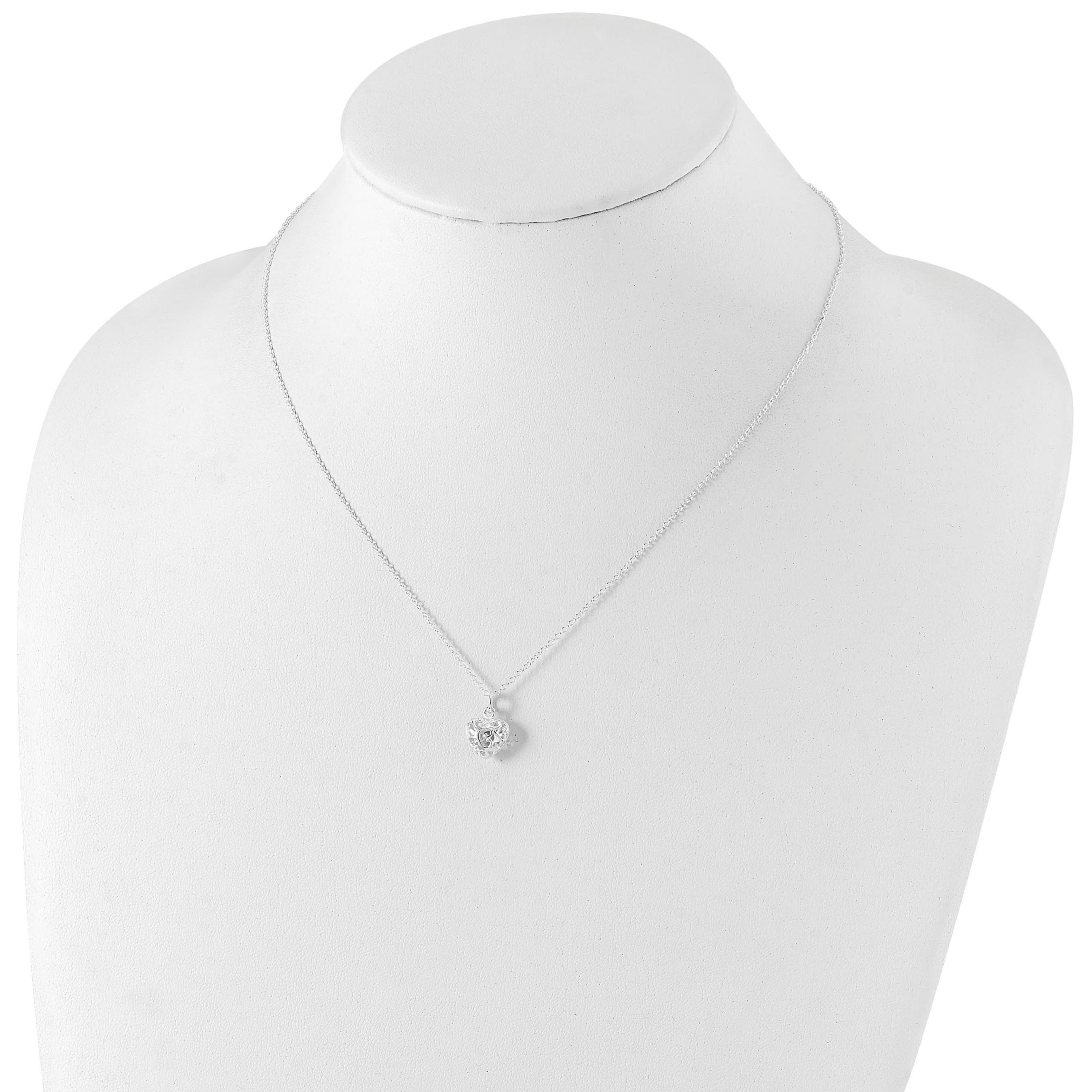 Sterling Silver Polished Puffed Filigree Heart 18-inch Necklace