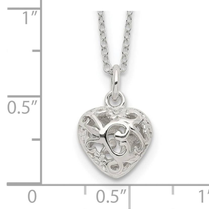 Sterling Silver Polished Puffed Filigree Heart 18-inch Necklace