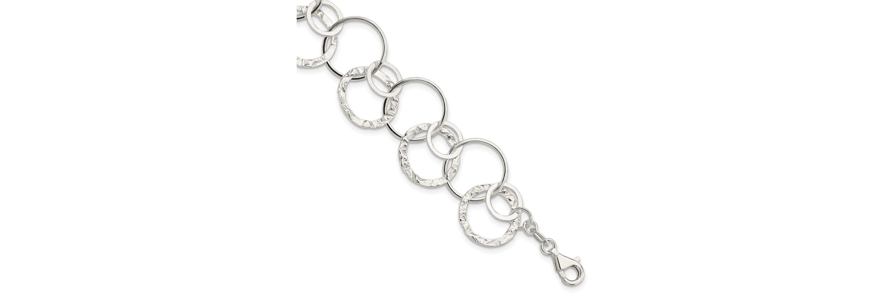 Sterling Silver Polished Textured Fancy Circle Link Bracelet