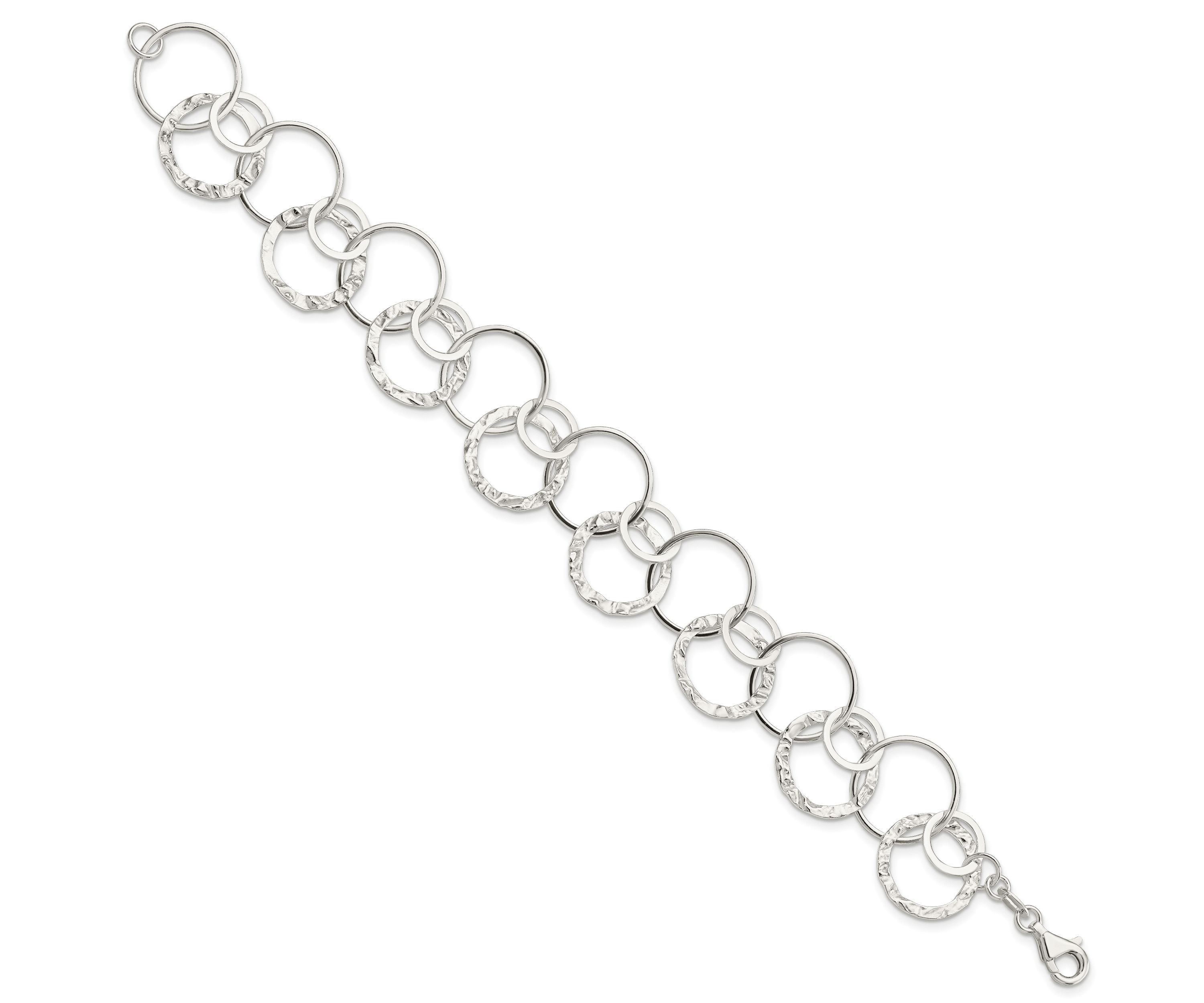 Sterling Silver Polished Textured Fancy Circle Link Bracelet