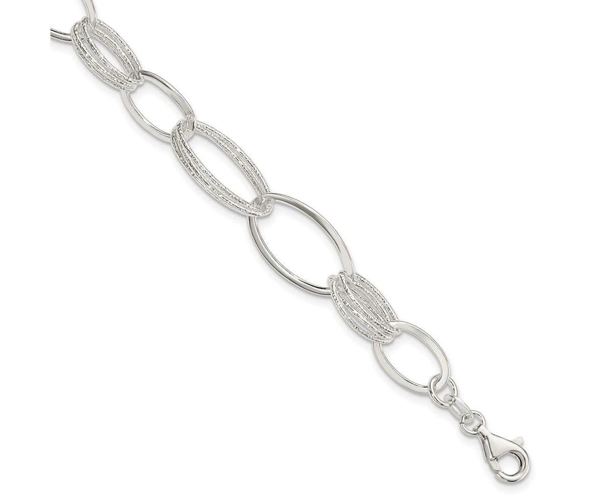 Sterling Silver Polished and Textured Oval Link Bracelet