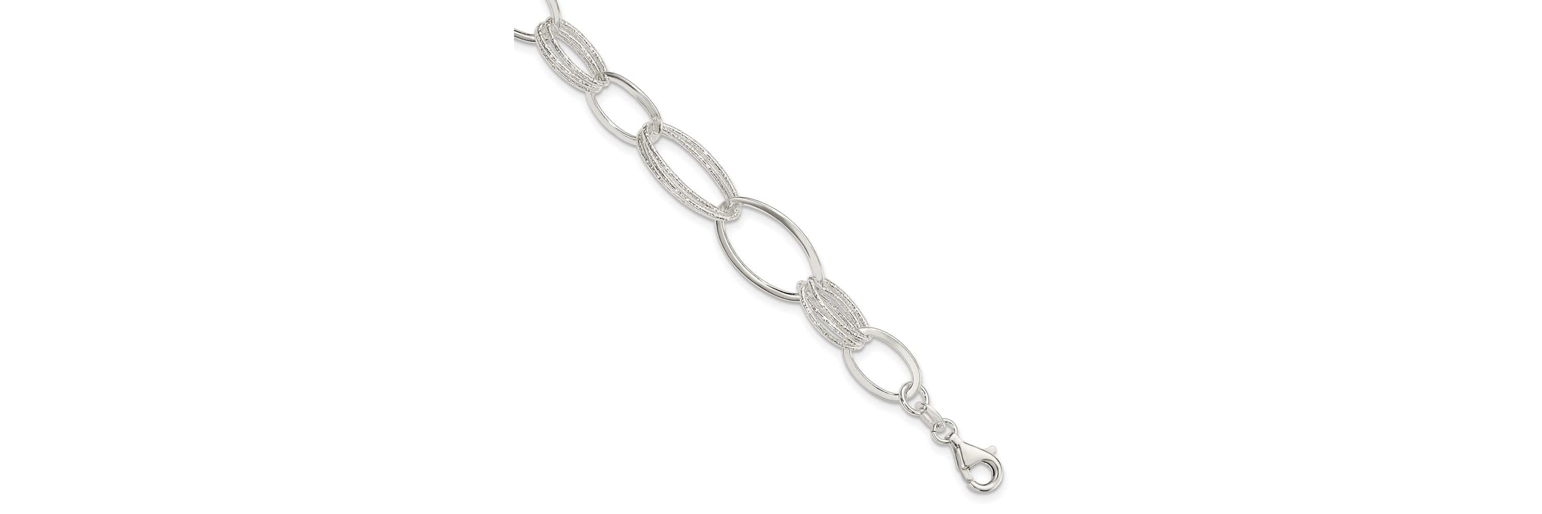 Sterling Silver Polished and Textured Oval Link Bracelet