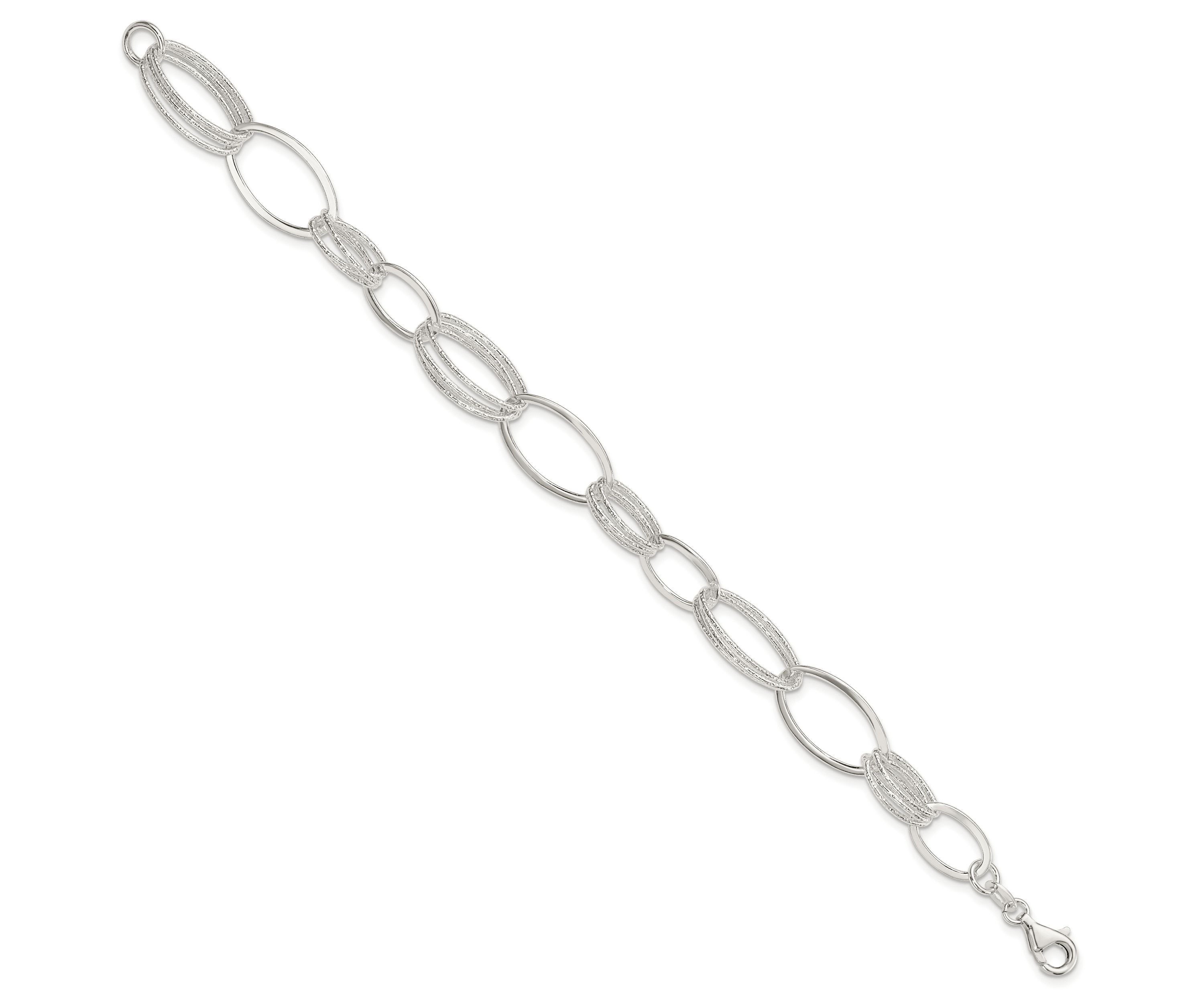 Sterling Silver Polished and Textured Oval Link Bracelet
