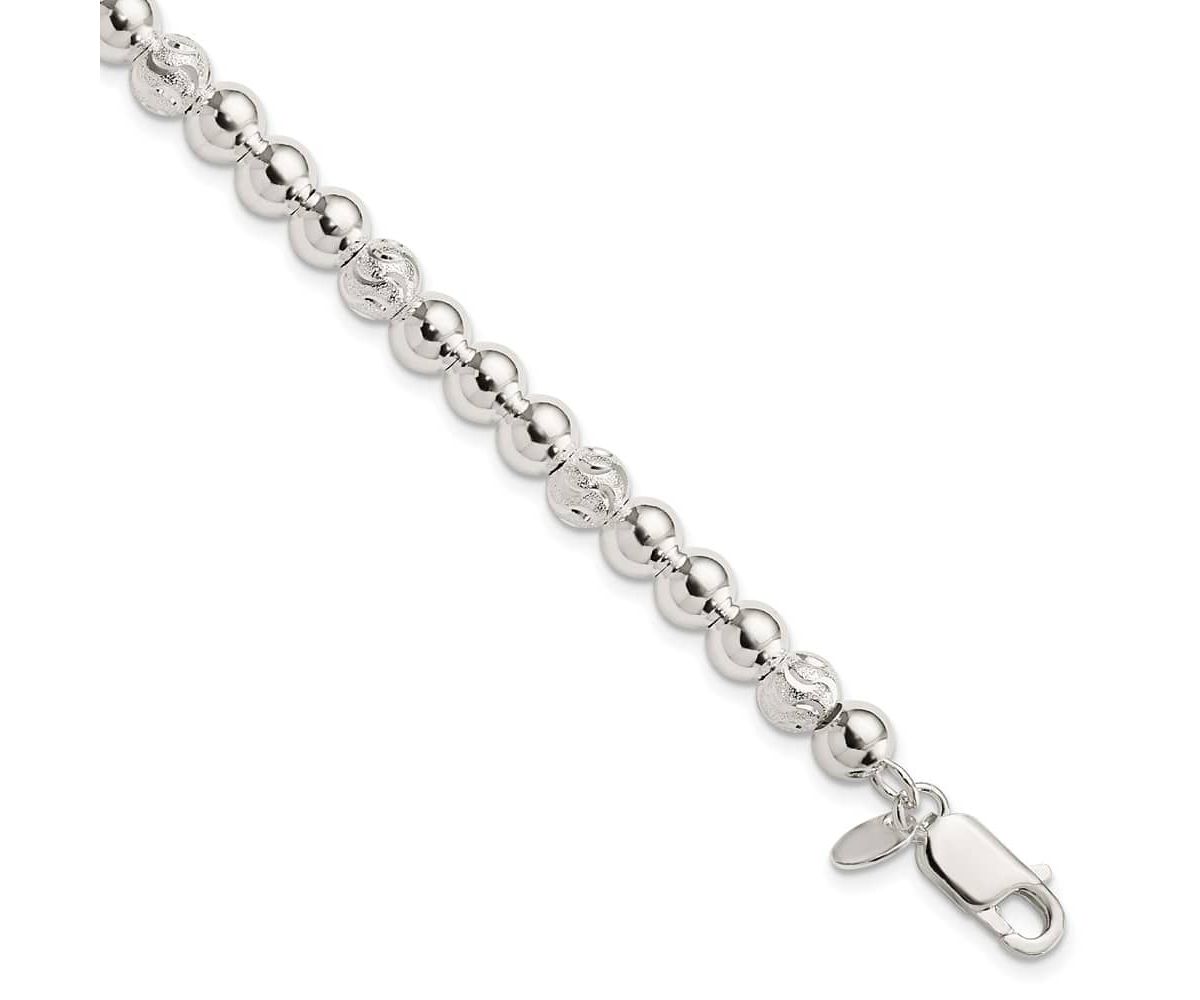 Sterling Silver Polished Diamond-cut Beaded Bracelet