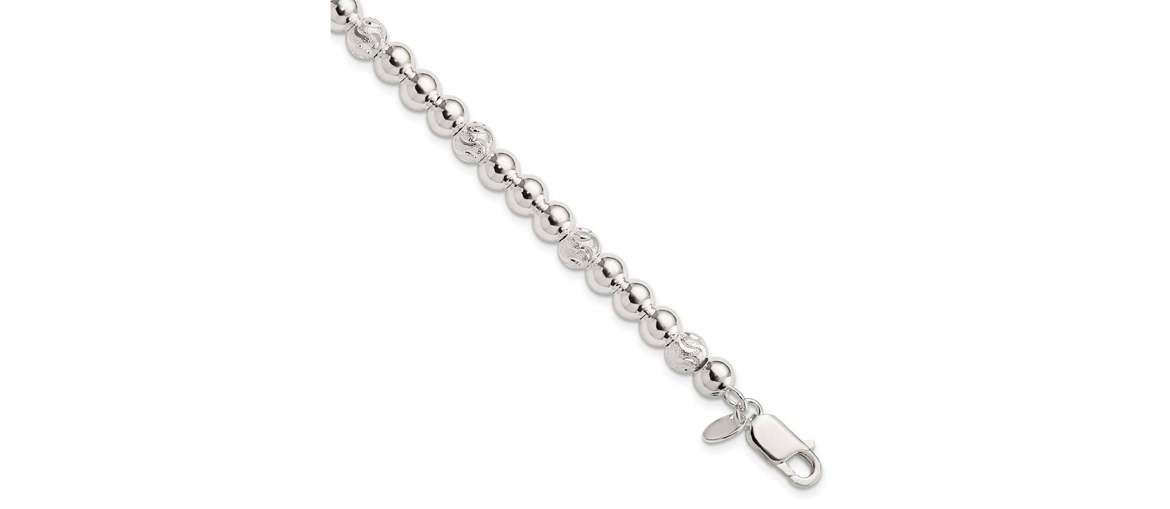 Sterling Silver Polished Diamond-cut Beaded Bracelet