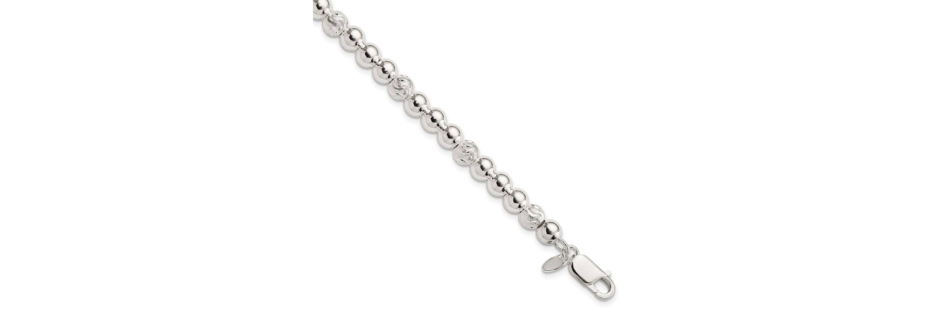 Sterling Silver Polished Diamond-cut Beaded Bracelet