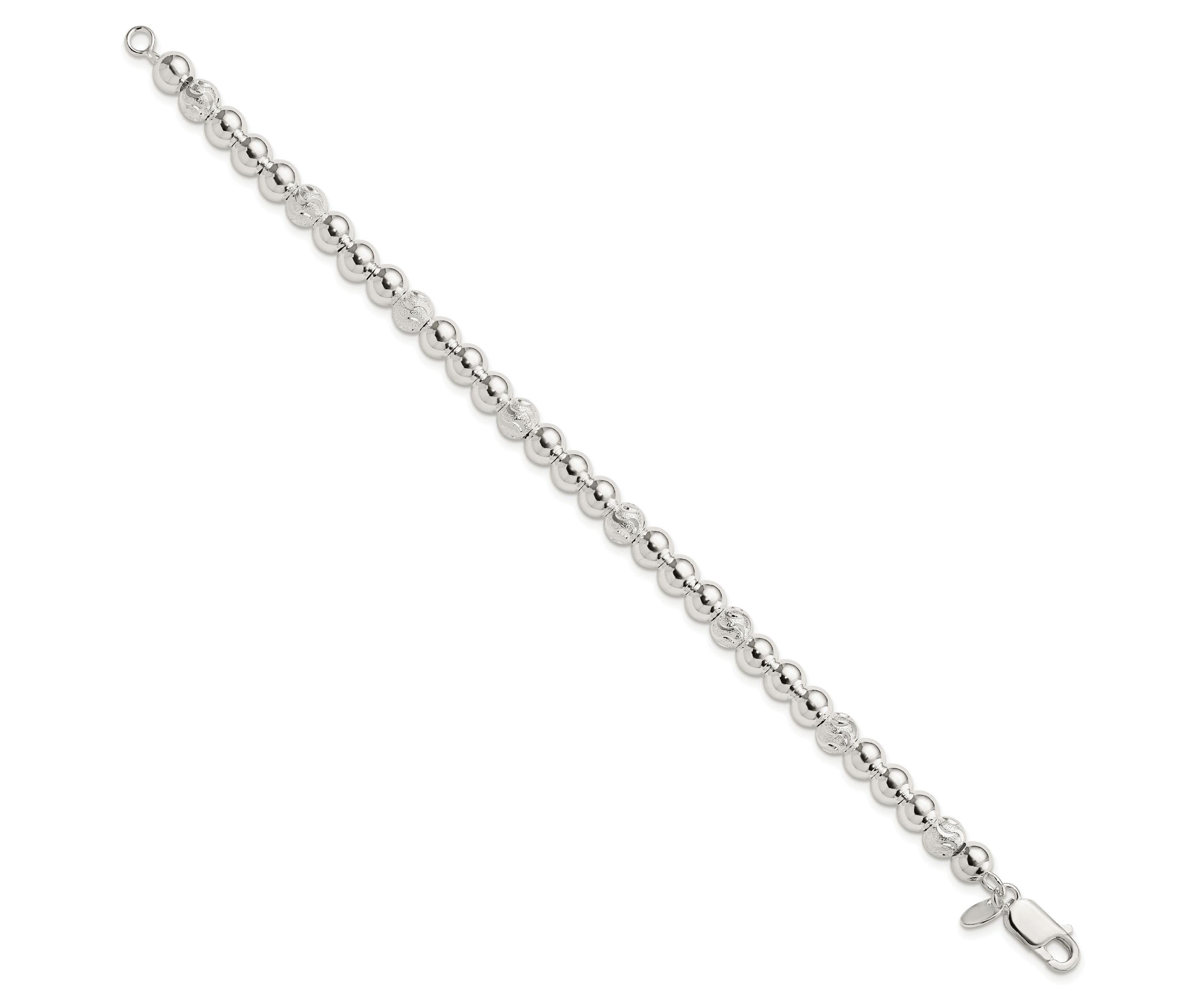 Sterling Silver Polished Diamond-cut Beaded Bracelet