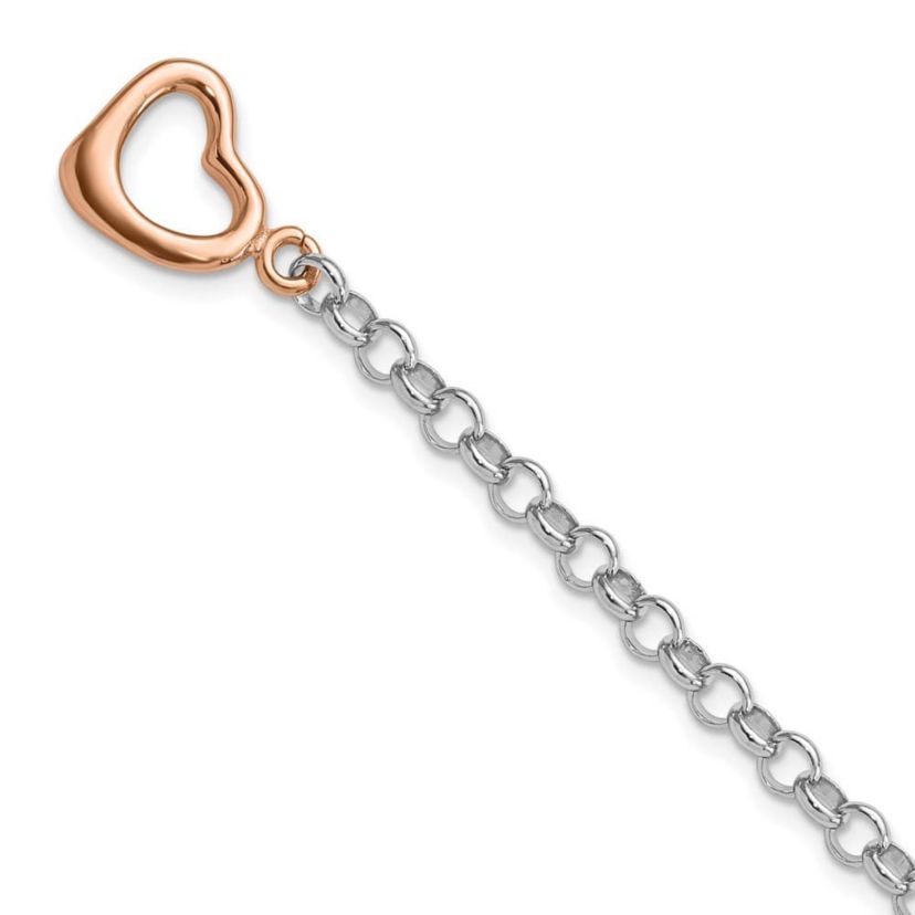 Sterling Silver Rose-tone Rolo with Heart Bracelet