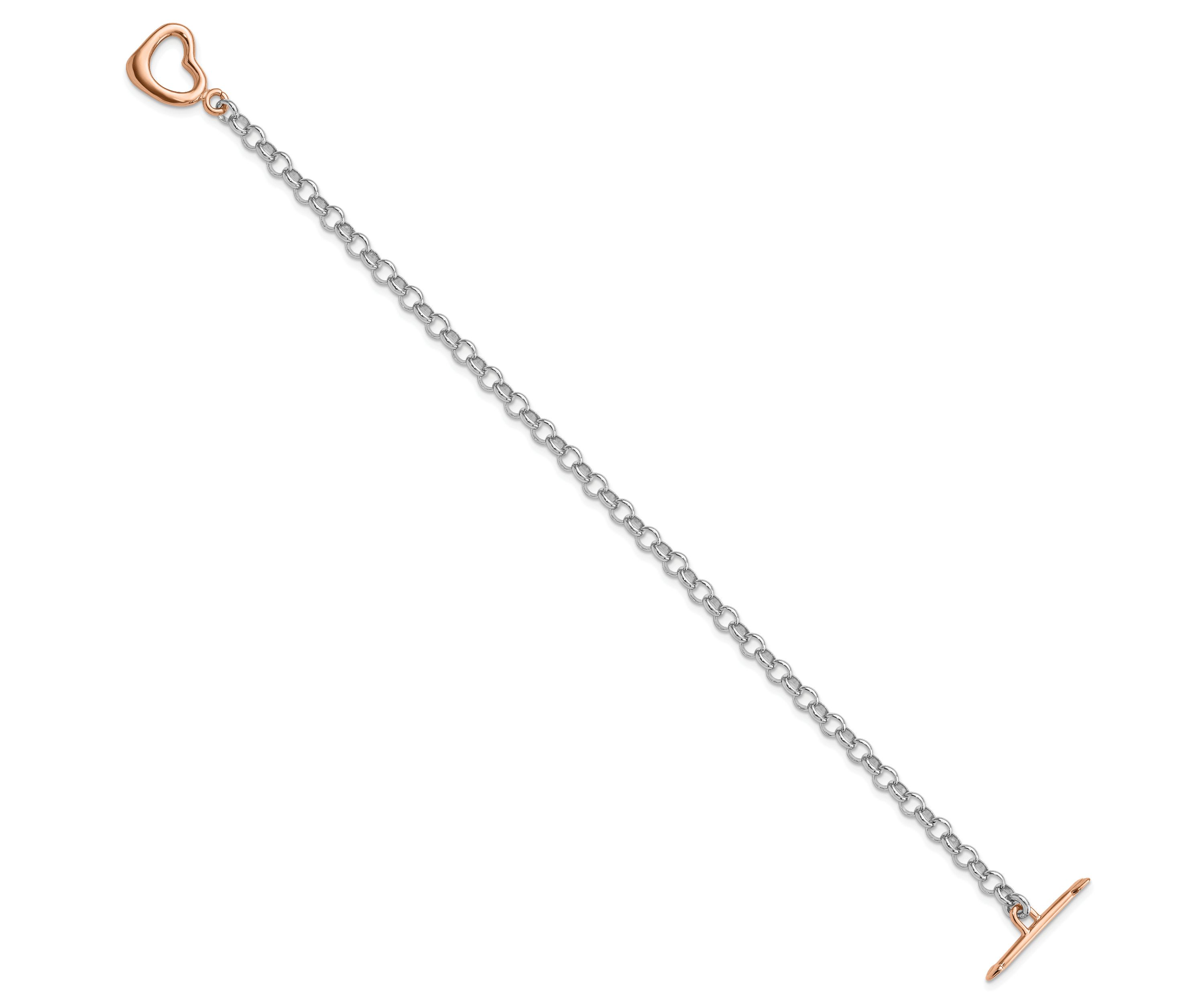 Sterling Silver Rose-tone Rolo with Heart Bracelet