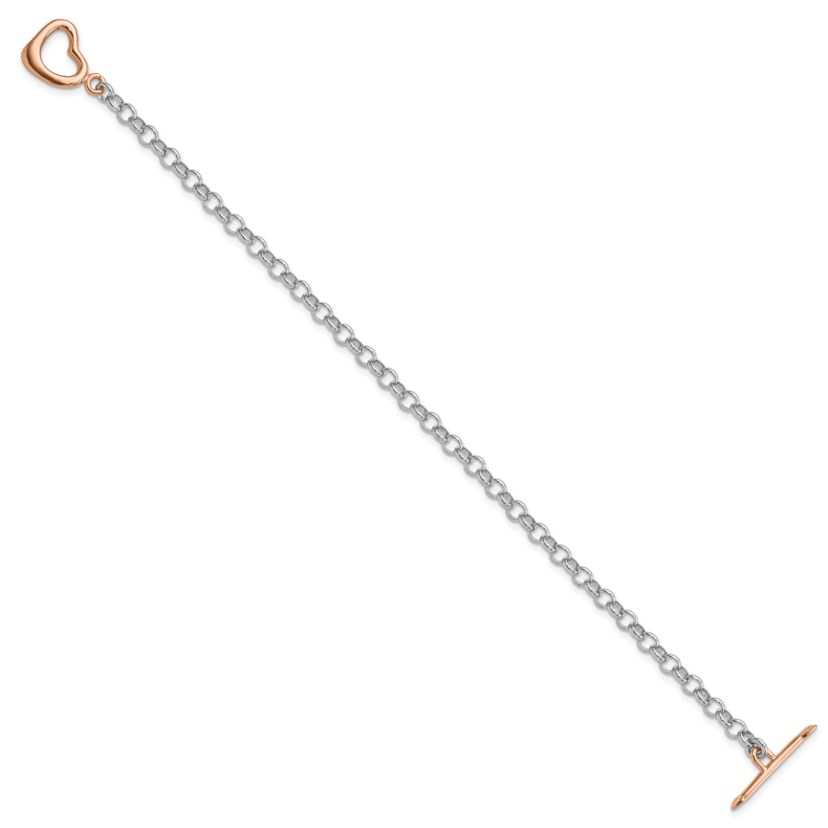 Sterling Silver Rose-tone Rolo with Heart Bracelet