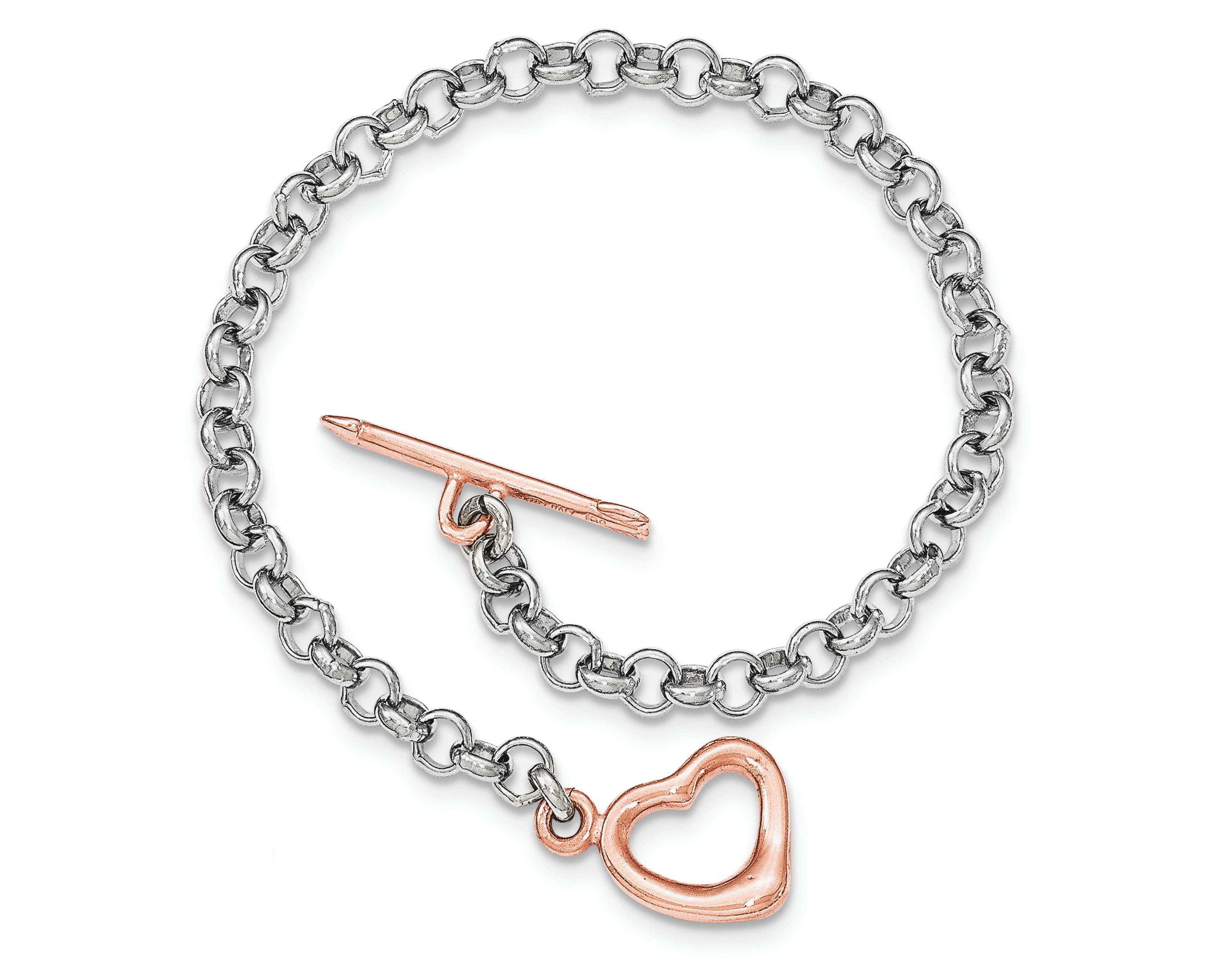 Sterling Silver Rose-tone Rolo with Heart Bracelet