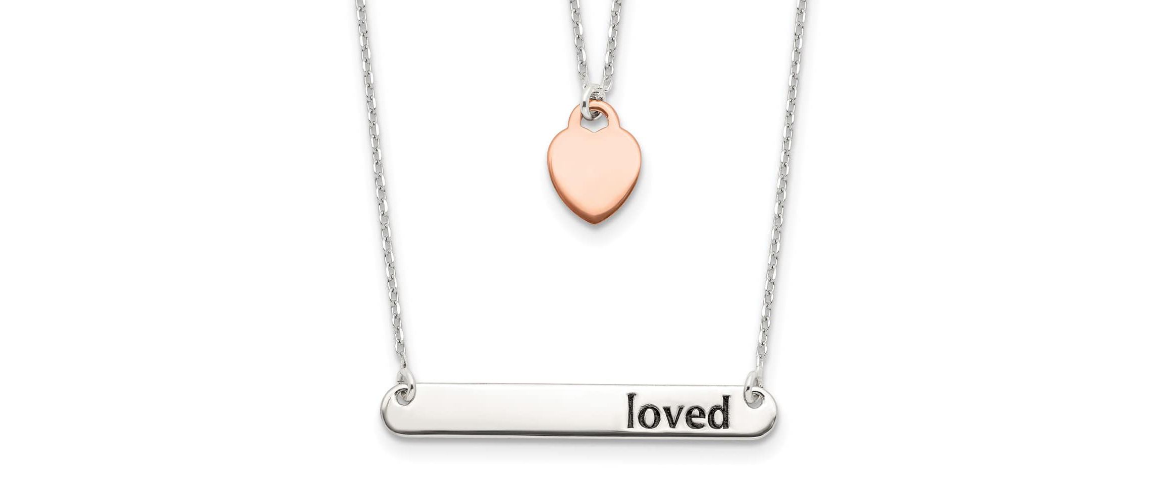 Sterling Silver Rose-tone Heart Enameled LOVED 18-inch Bar Necklace