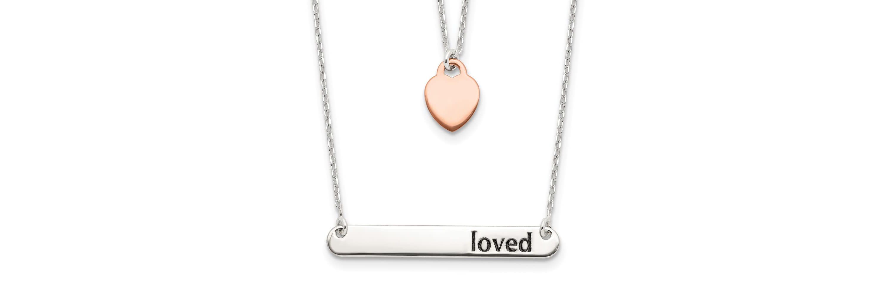 Sterling Silver Rose-tone Heart Enameled LOVED 18-inch Bar Necklace
