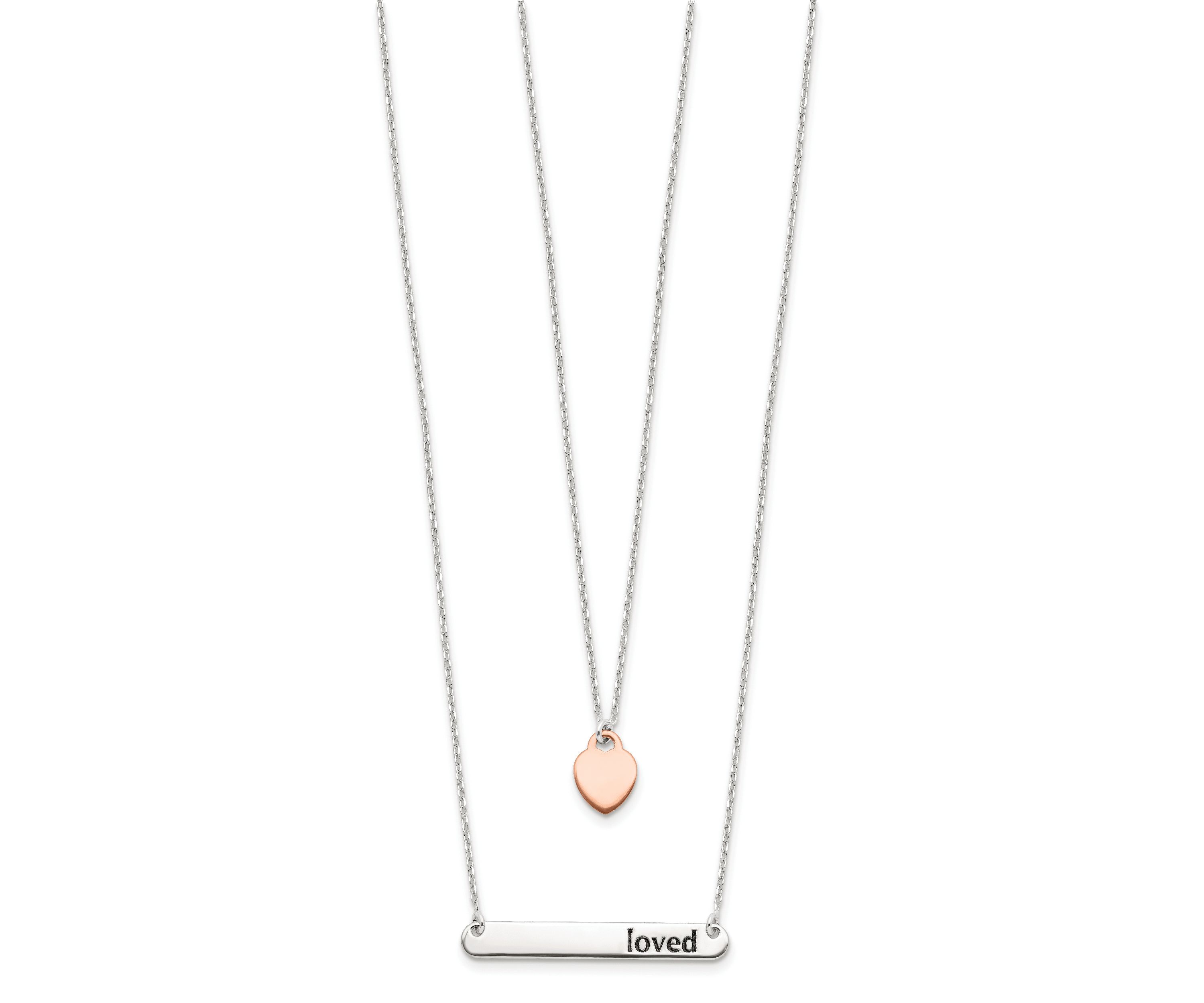 Sterling Silver Rose-tone Heart Enameled LOVED 18-inch Bar Necklace