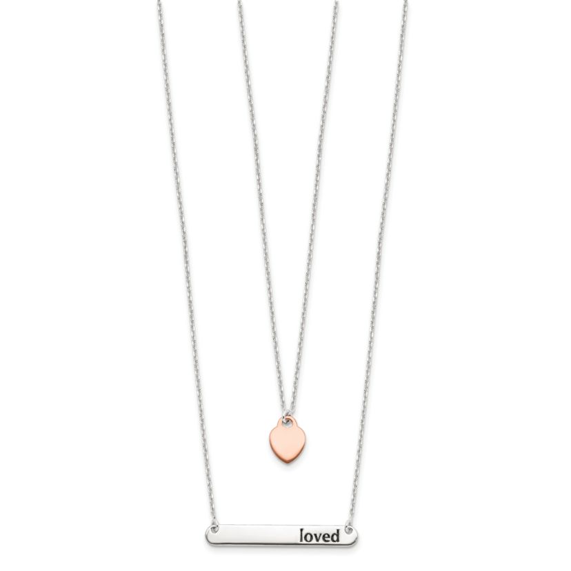 Sterling Silver Rose-tone Heart Enameled LOVED 18-inch Bar Necklace