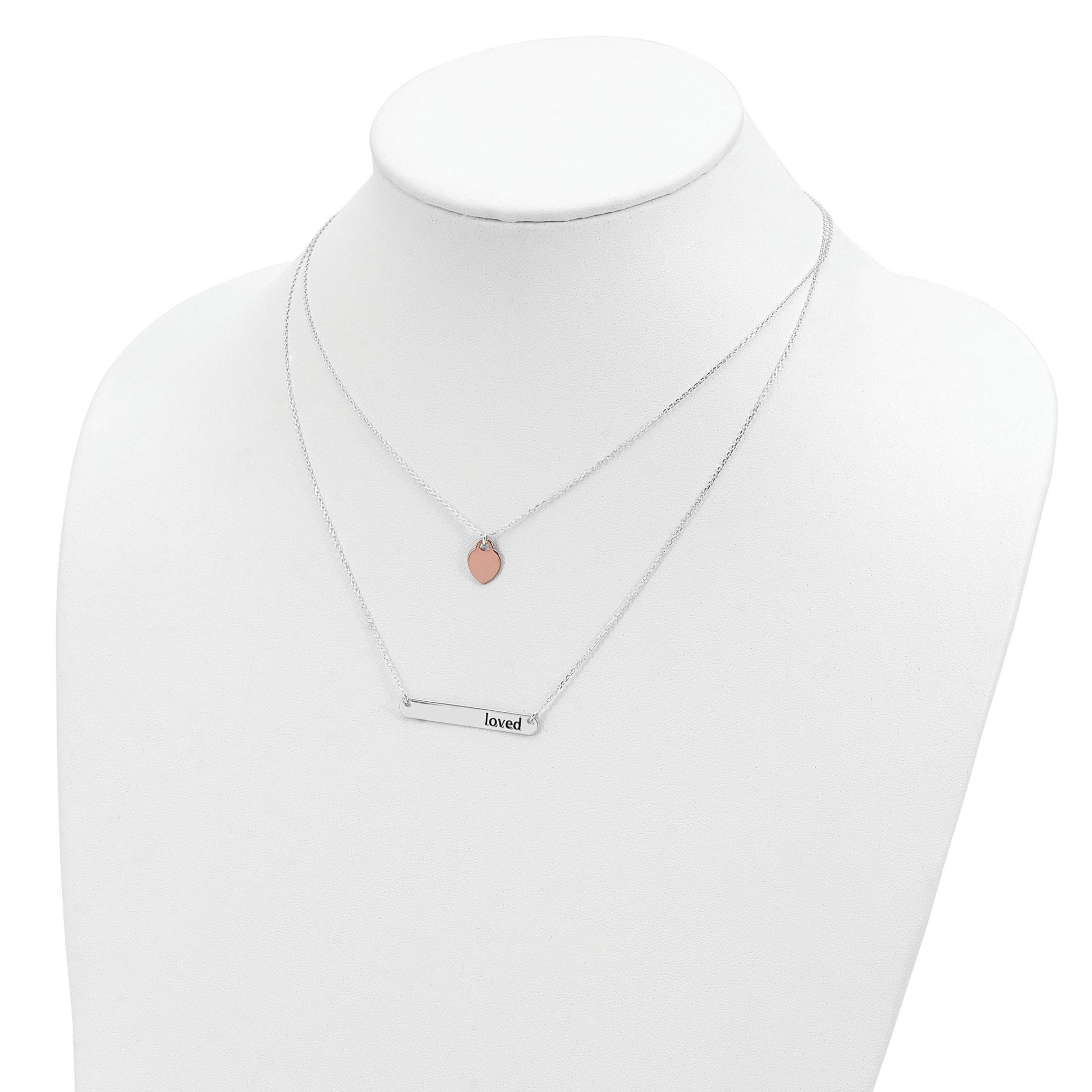 Sterling Silver Rose-tone Heart Enameled LOVED 18-inch Bar Necklace