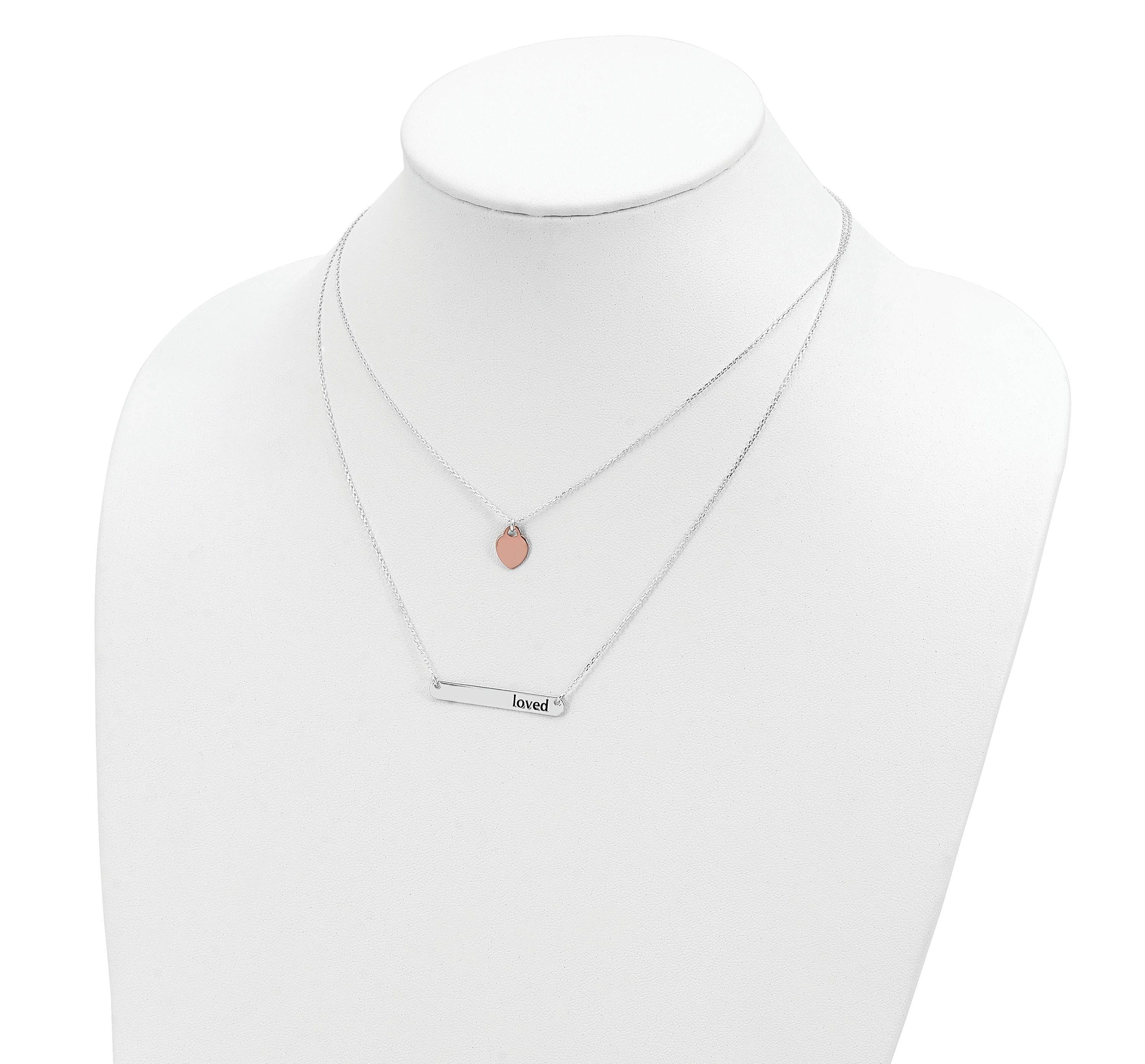 Sterling Silver Rose-tone Heart Enameled LOVED 18-inch Bar Necklace