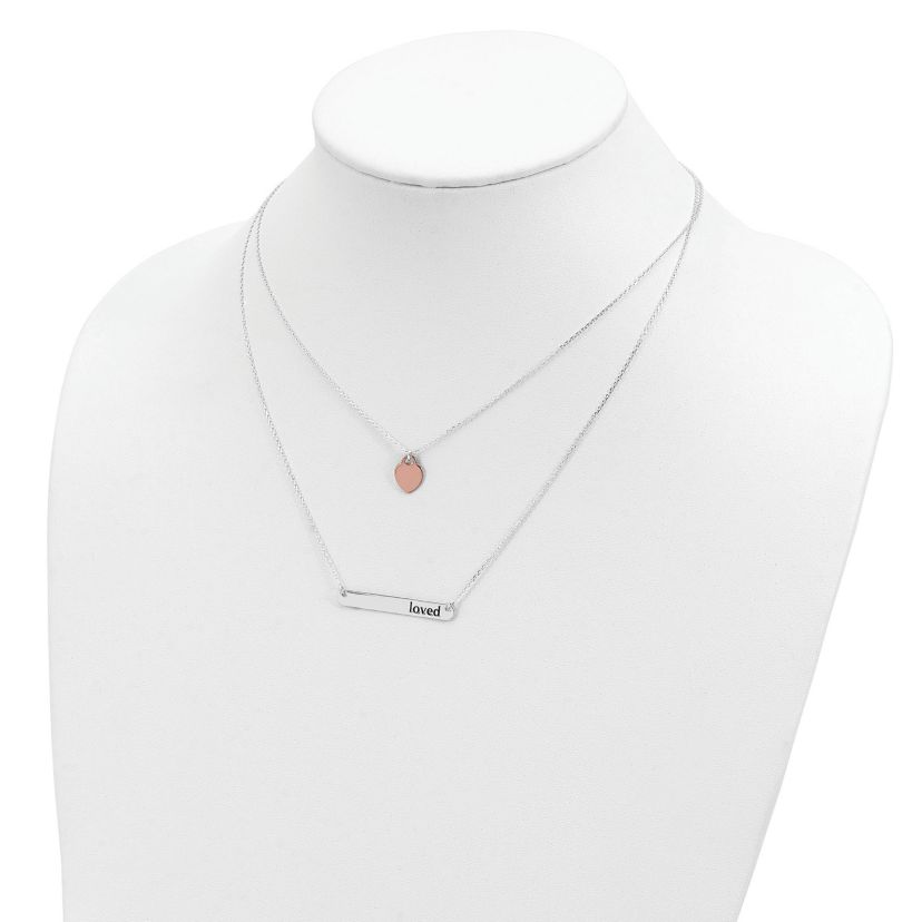 Sterling Silver Rose-tone Heart Enameled LOVED 18-inch Bar Necklace