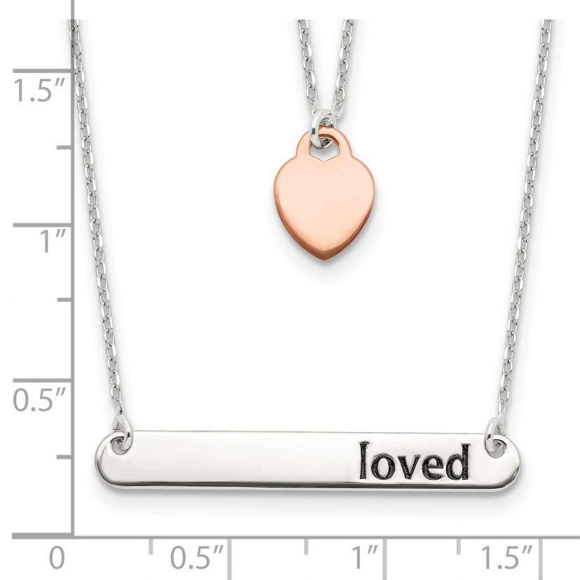Sterling Silver Rose-tone Heart Enameled LOVED 18-inch Bar Necklace