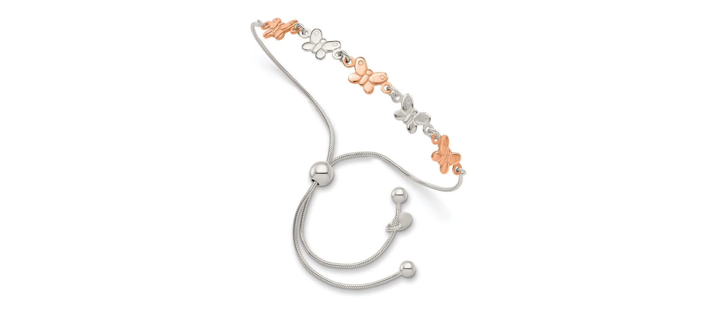 Sterling Silver with Rose-tone Butterfly Adjustable Bracelet