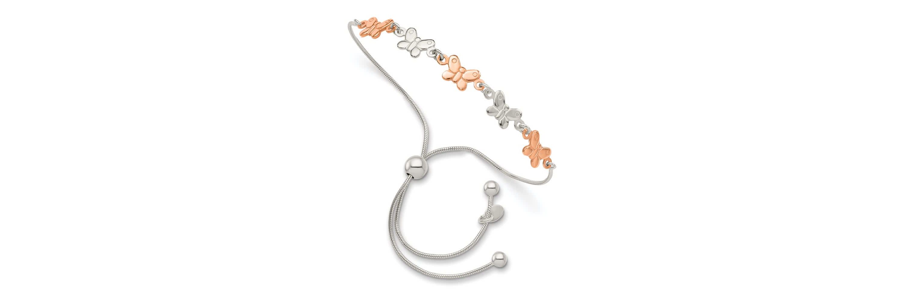 Sterling Silver with Rose-tone Butterfly Adjustable Bracelet