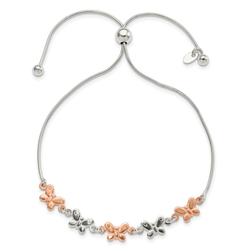 Sterling Silver with Rose-tone Butterfly Adjustable Bracelet