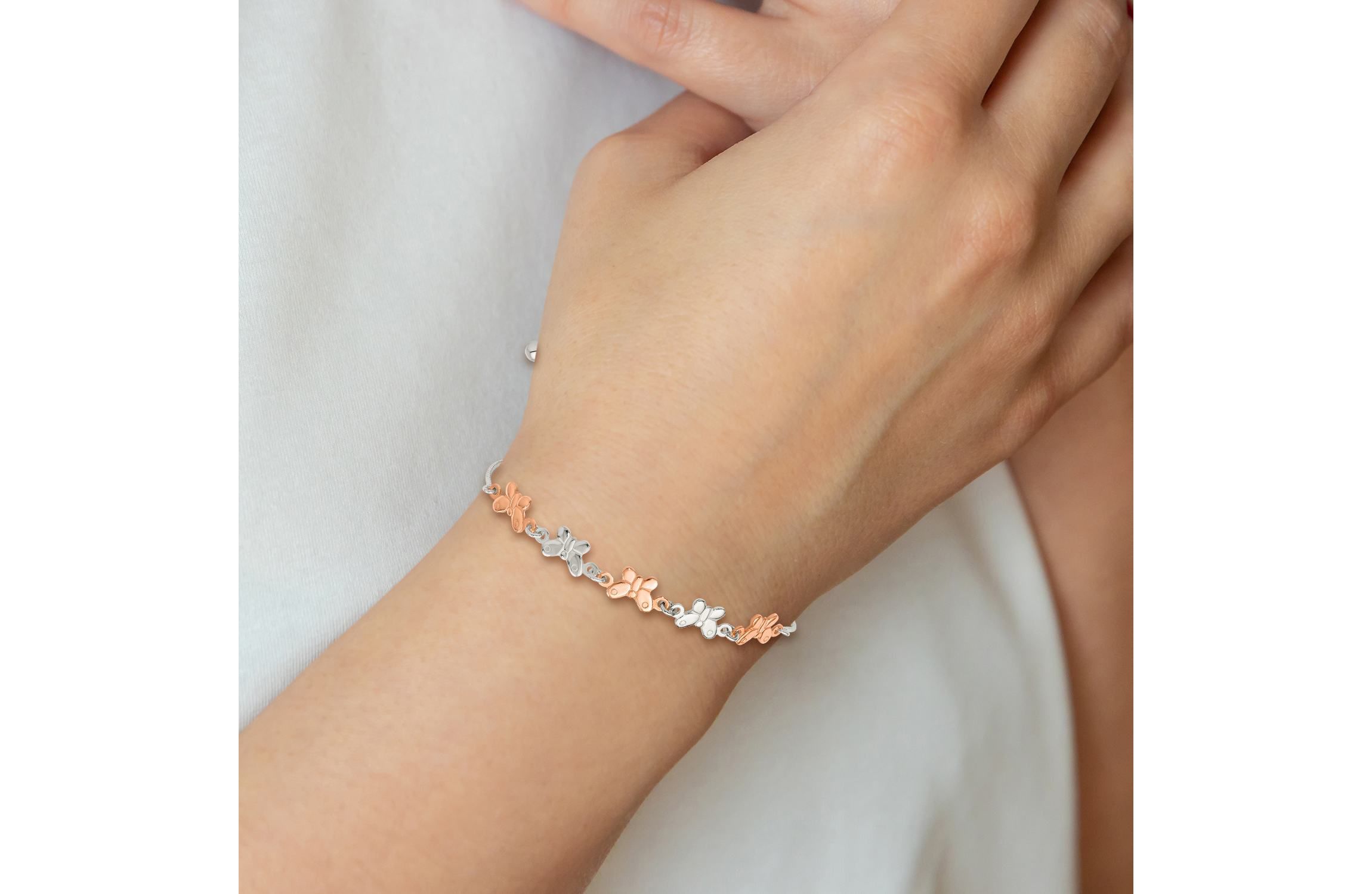 Sterling Silver with Rose-tone Butterfly Adjustable Bracelet