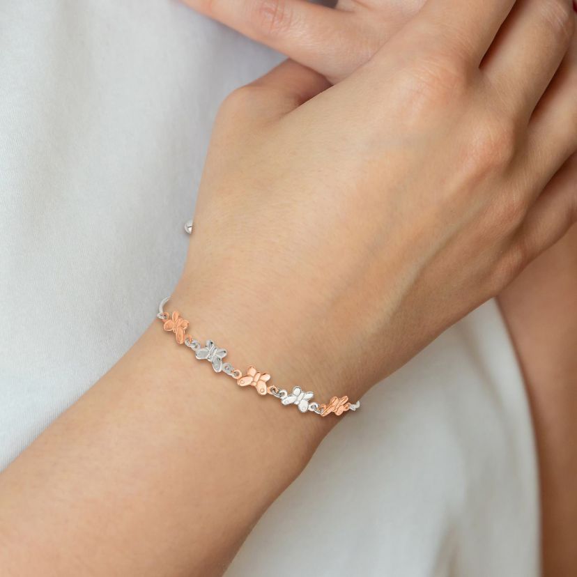 Sterling Silver with Rose-tone Butterfly Adjustable Bracelet