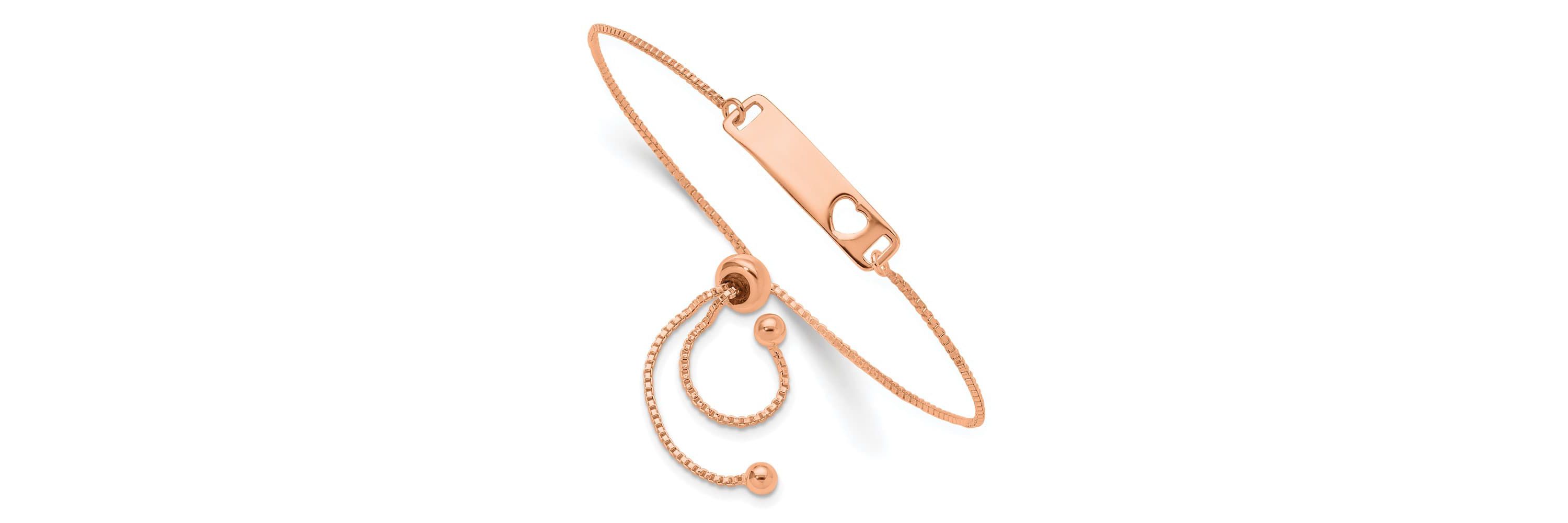 Sterling Silver Rose Gold-tone Polished Bar with Heart Adjustable Bracelet