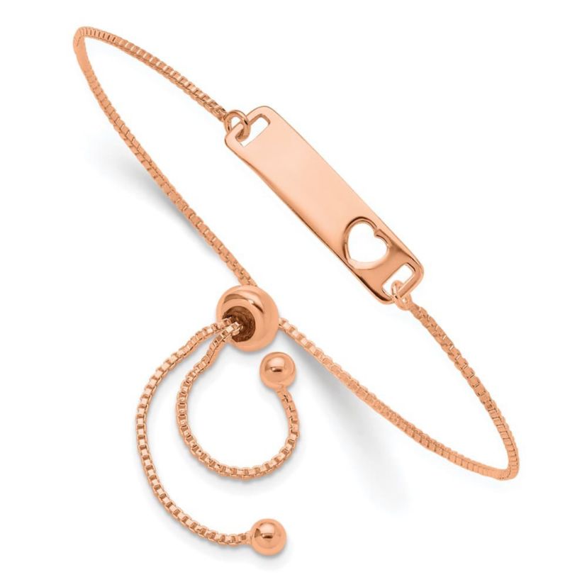 Sterling Silver Rose Gold-tone Polished Bar with Heart Adjustable Bracelet