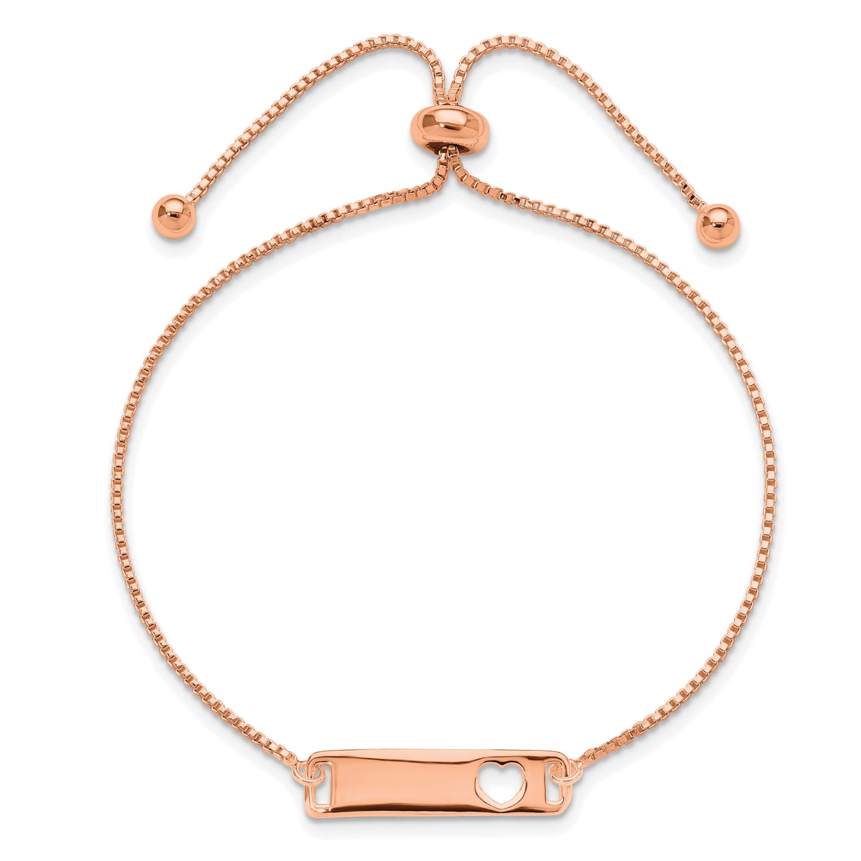 Sterling Silver Rose Gold-tone Polished Bar with Heart Adjustable Bracelet