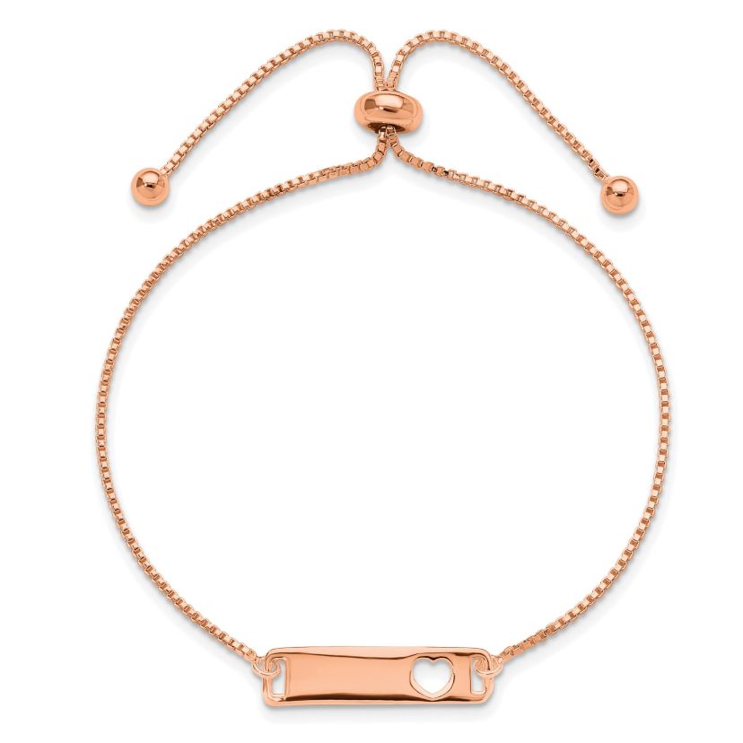 Sterling Silver Rose Gold-tone Polished Bar with Heart Adjustable Bracelet