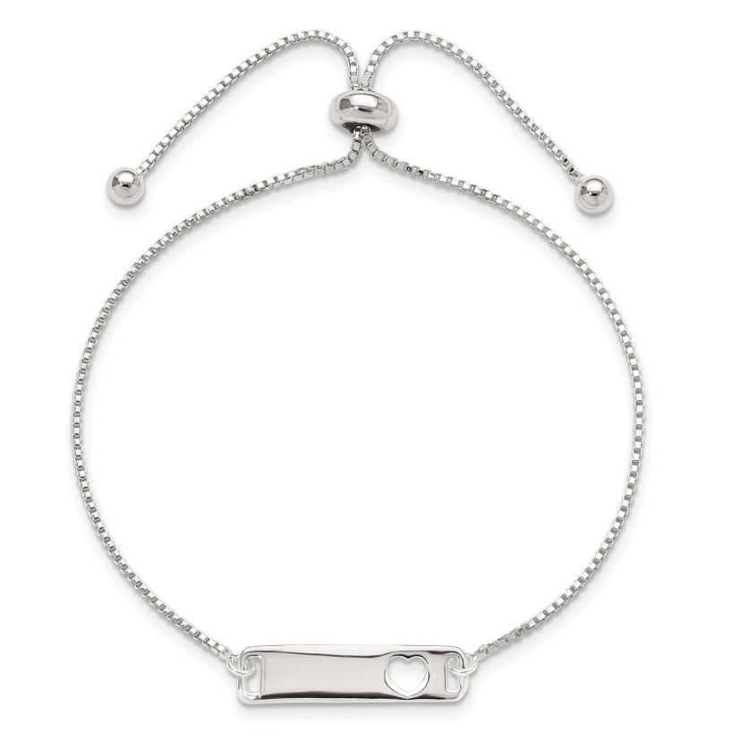 Sterling Silver Polished Bar with Heart Adjustable Bracelet
