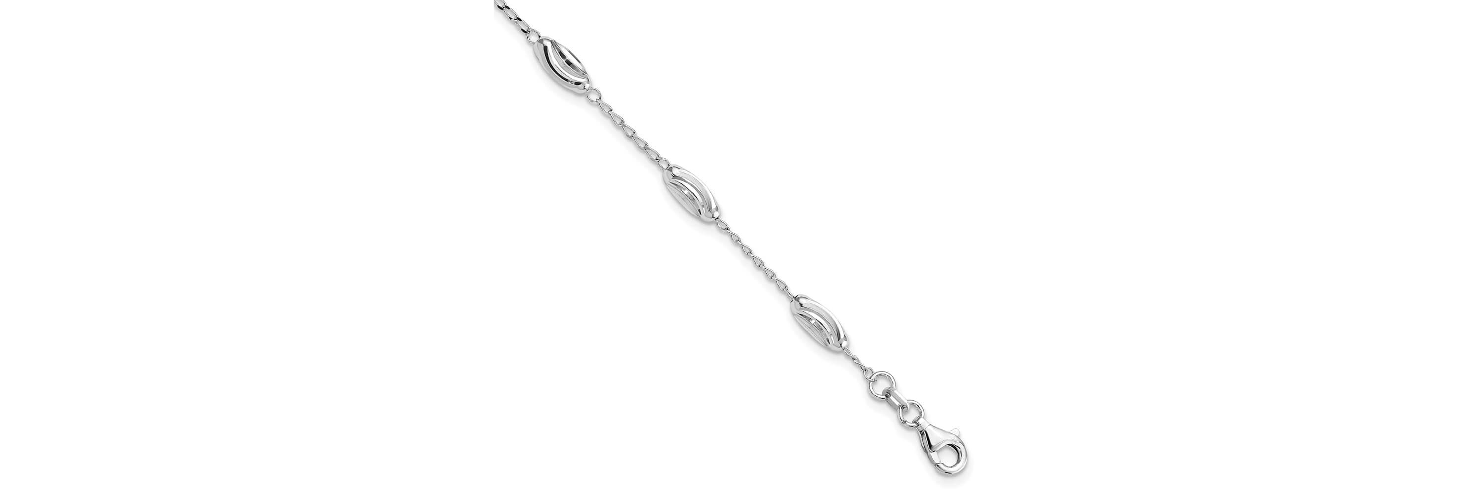 Sterling Silver Rhodium-plated Diamond-cut Oval Beads Bracelet