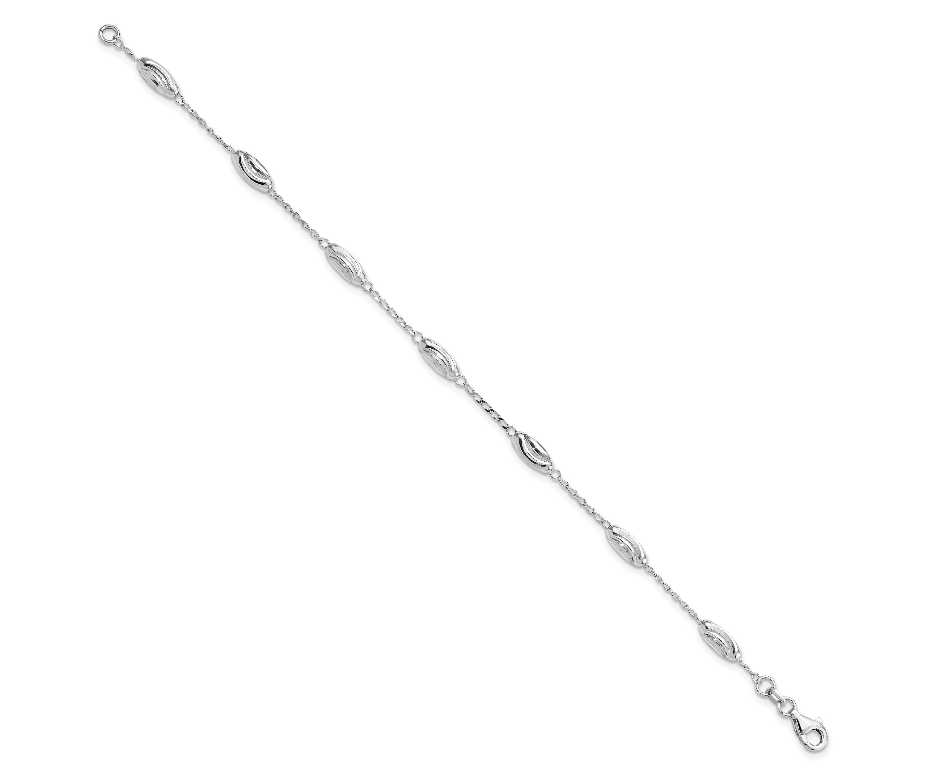 Sterling Silver Rhodium-plated Diamond-cut Oval Beads Bracelet
