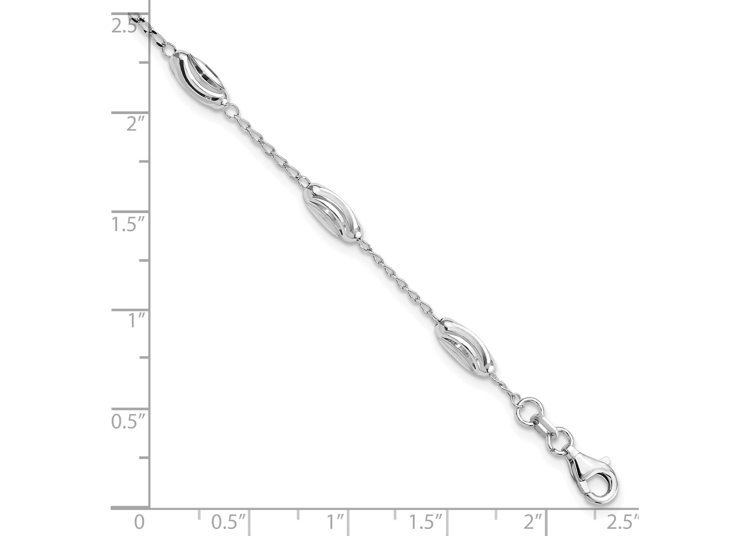 Sterling Silver Rhodium-plated Diamond-cut Oval Beads Bracelet
