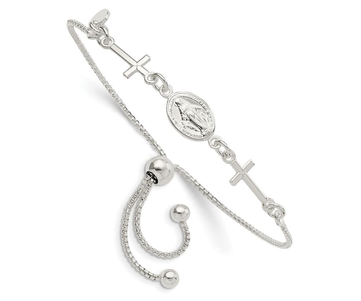 Sterling Silver Miraculous and Crosses Adjustable Bracelet