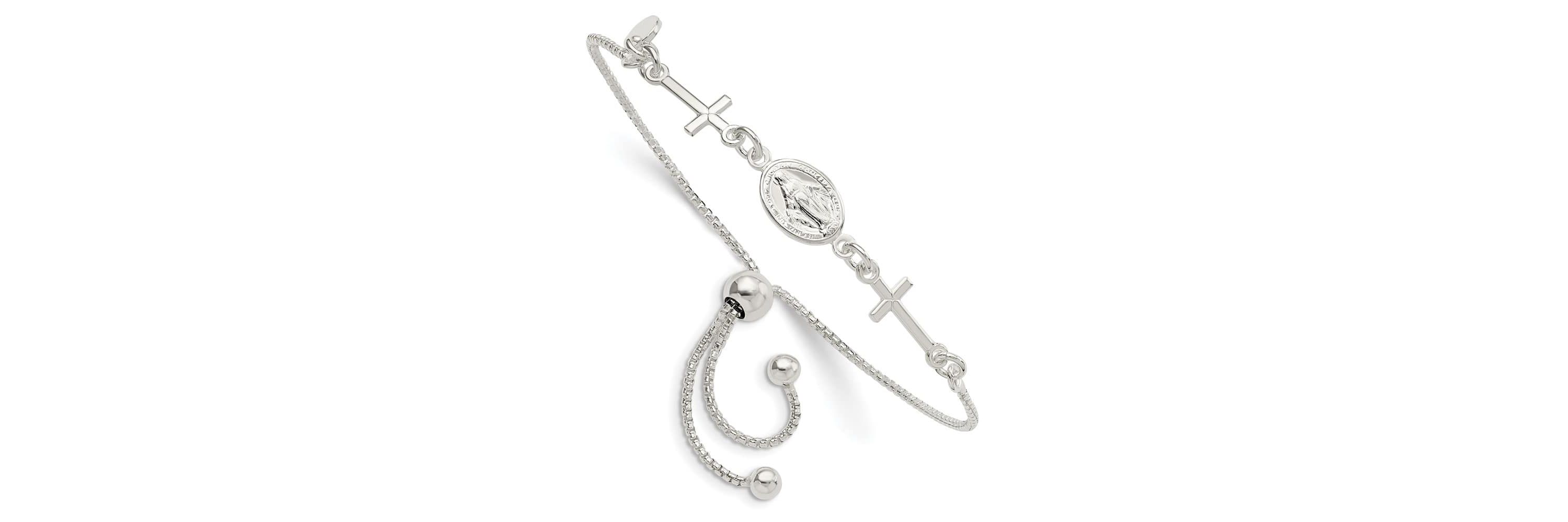 Sterling Silver Miraculous and Crosses Adjustable Bracelet