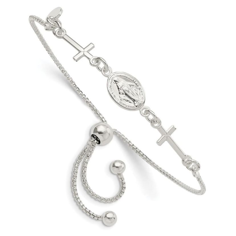 Sterling Silver Miraculous and Crosses Adjustable Bracelet
