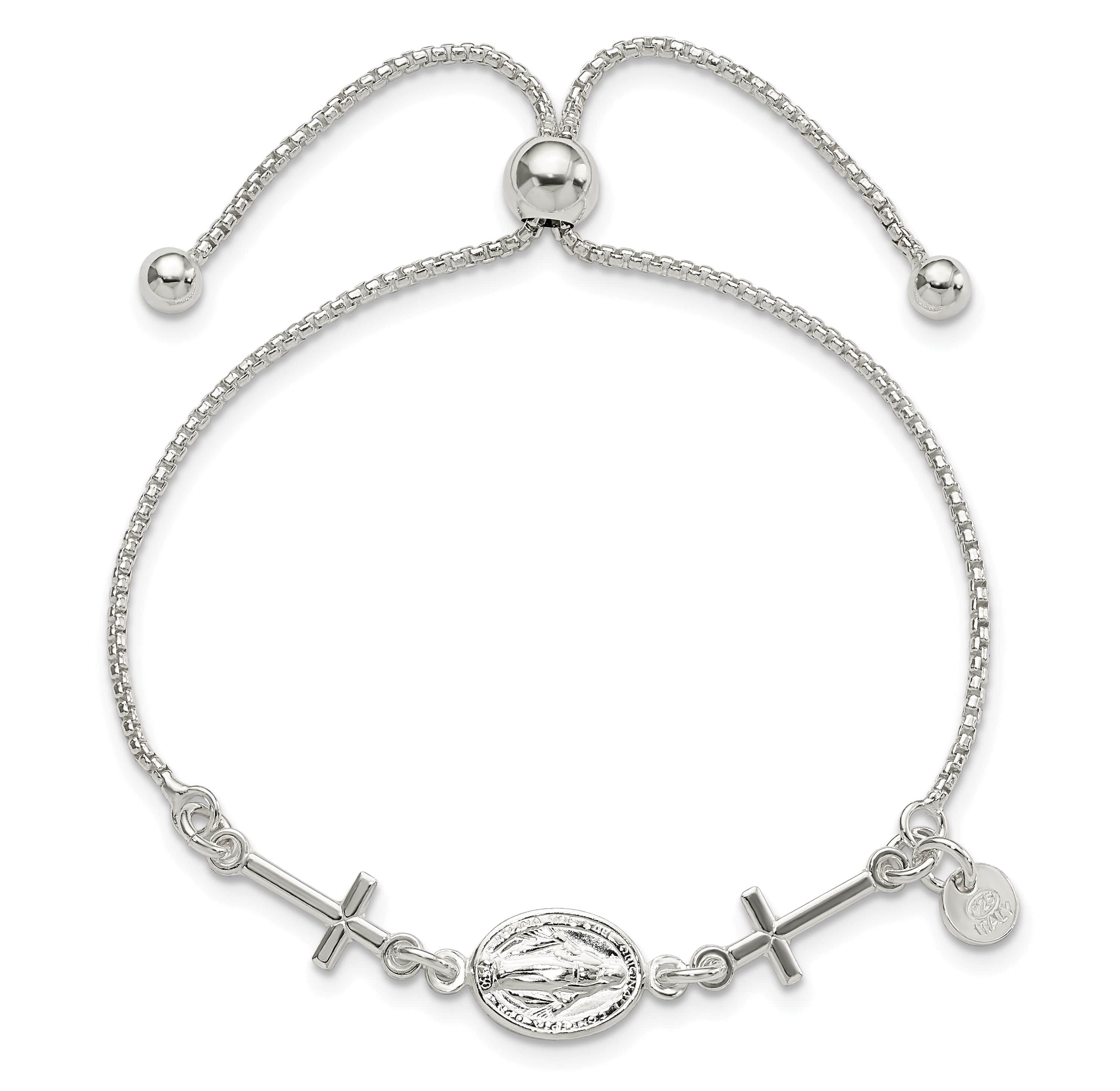 Sterling Silver Miraculous and Crosses Adjustable Bracelet
