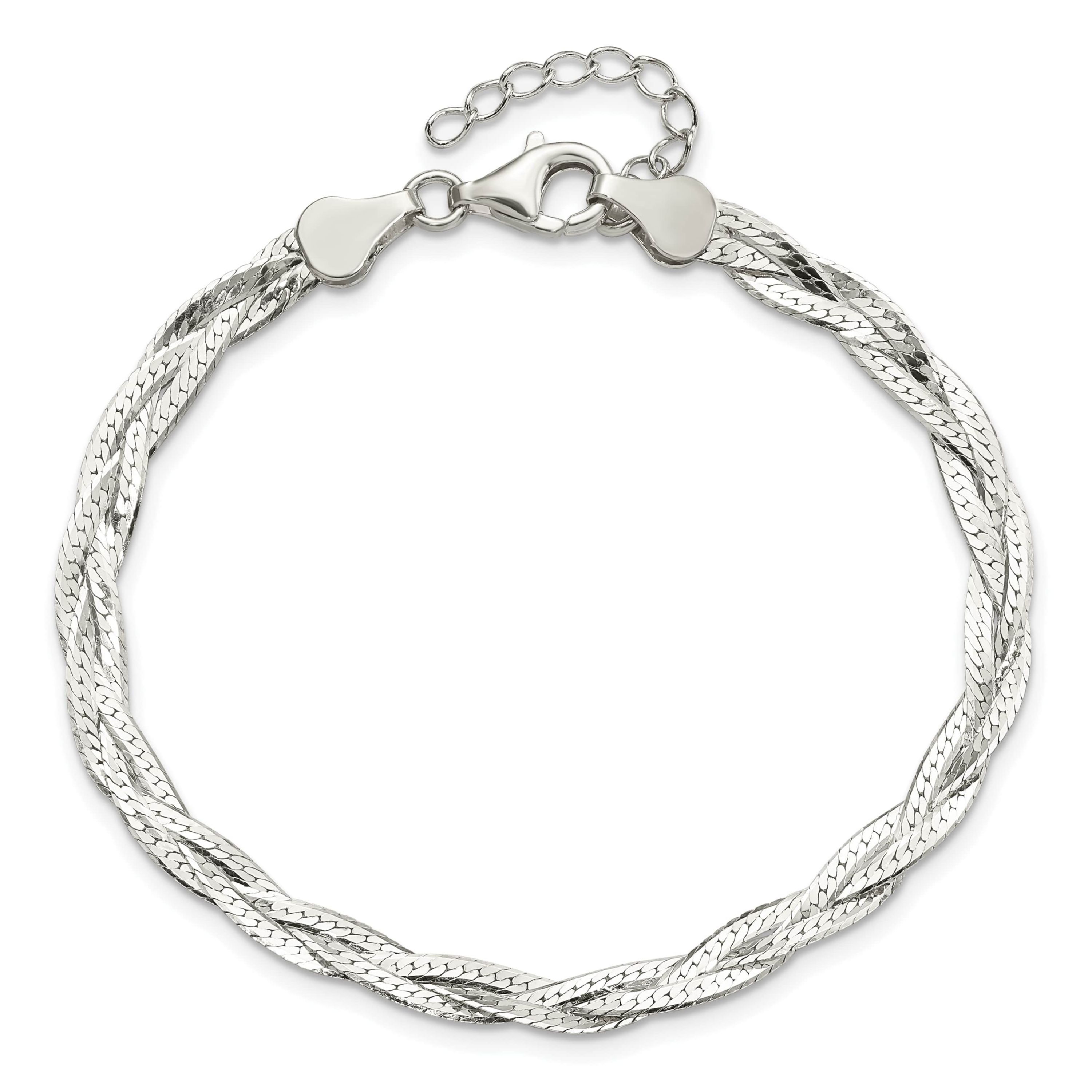 Sterling Silver Polished 3-strand Braided with 1-inch Extension Bracelet